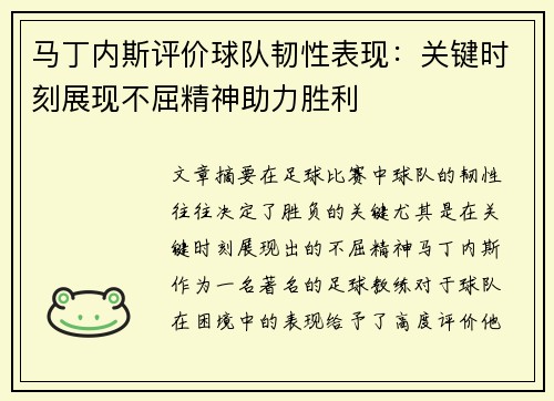 马丁内斯评价球队韧性表现:关键时刻展现不屈精神助力胜利 马丁内斯评价球队韧性表现:关键时刻展现不屈精神助力胜利