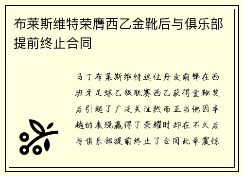 布莱斯维特荣膺西乙金靴后与俱乐部提前终止合同 布莱斯维特荣膺西乙金靴后与俱乐部提前终止合同