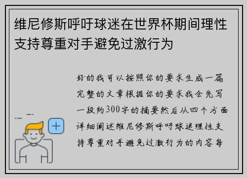 维尼修斯呼吁球迷在世界杯期间理性支持尊重对手避免过激行为