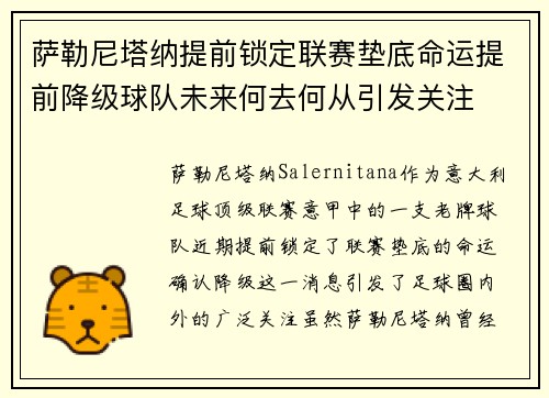 萨勒尼塔纳提前锁定联赛垫底命运提前降级球队未来何去何从引发关注